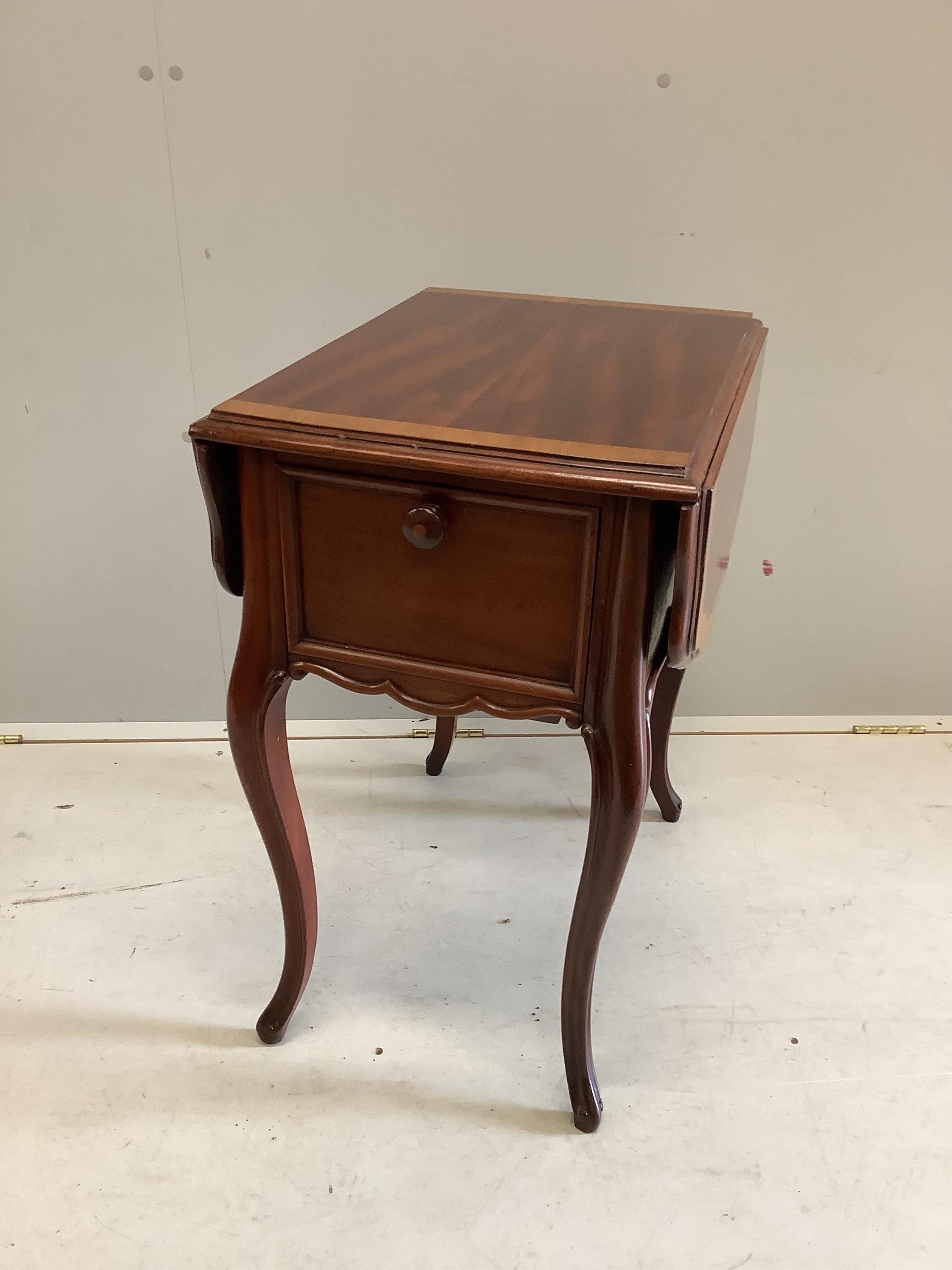 A 19th century French mahogany drop leaf occasional table, height 68cm, depth 56cm, width 41cm. Extended width - 83cm. Condition - good